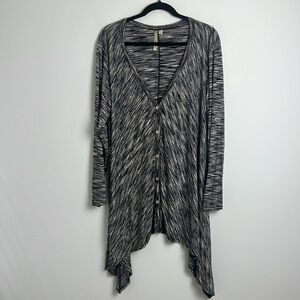 Comfy USA LG Black Taupe Stripe Button Front Shark Bite Hem Tunic Top Lagenlook